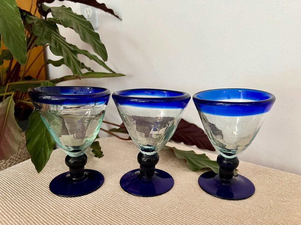 Mexican Hand Blown Martini Glasses Set of 3 Blue Rim Bubble Glass Barware